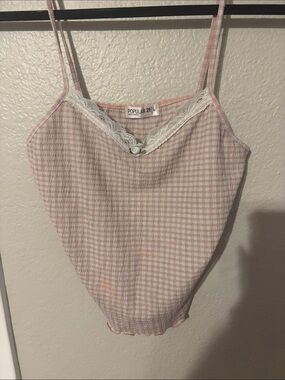 Popular 21 Pink Gingham Camisole with Lace Trim